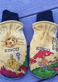 two yellow mitts with the word kingo on them