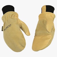 a pair of tan mittens on a white background