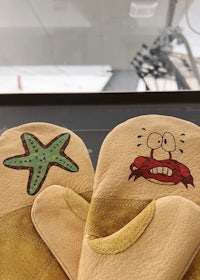 a pair of oven mitts with a crab and starfish on them